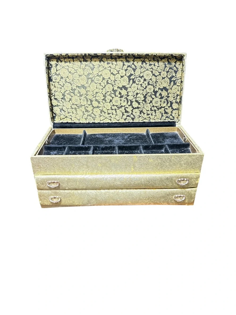 Vintage 1960s Gold Brocade Black Velvet Lined Lady Buxton Four Level Jewelry Box